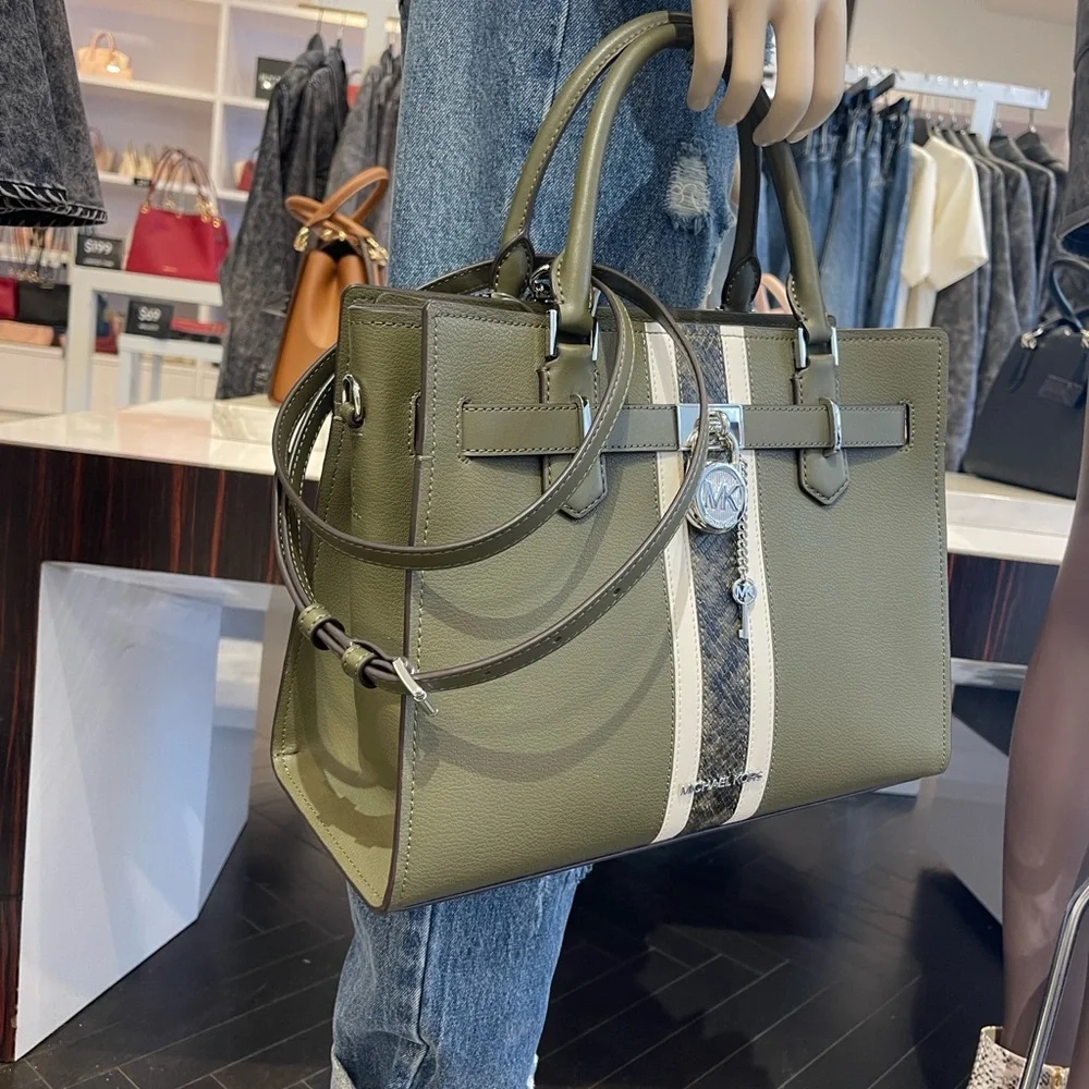 MICHAEL KORS Hamilton Med Leather and Snake Embossed Stripe Satchel Olive  NWT